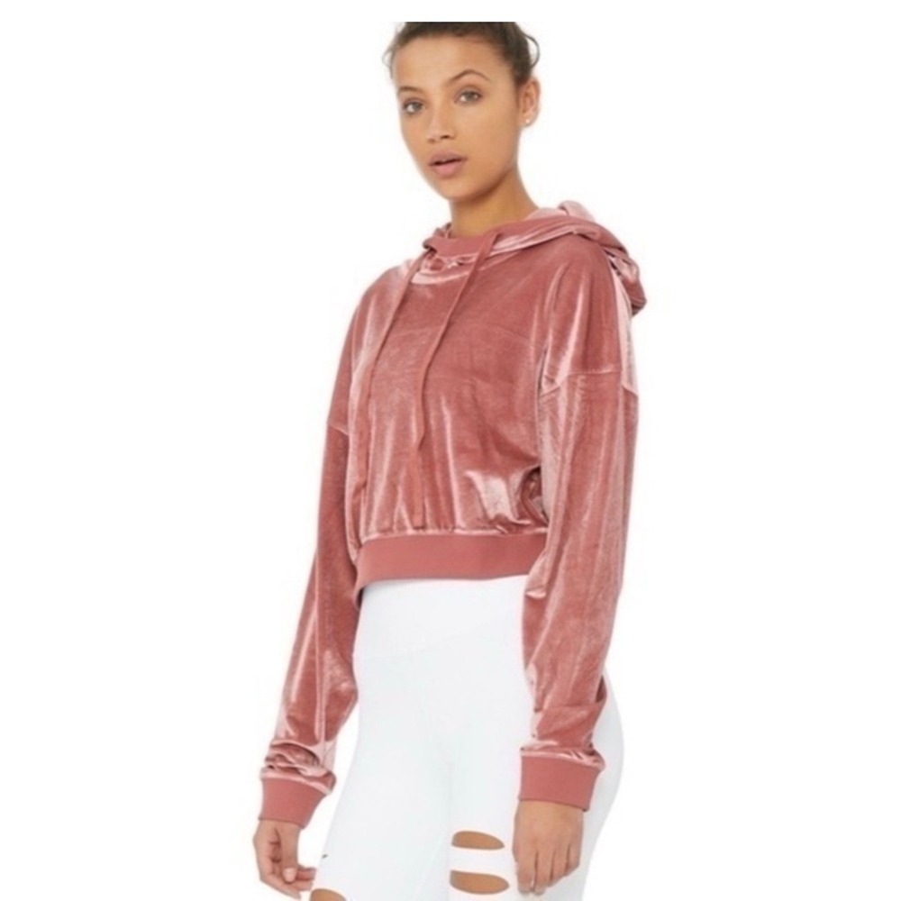 Alo Yoga Daze Velvet Hoodie Dusty Rose Mauve Cropped Pullover Sweatshirt Large